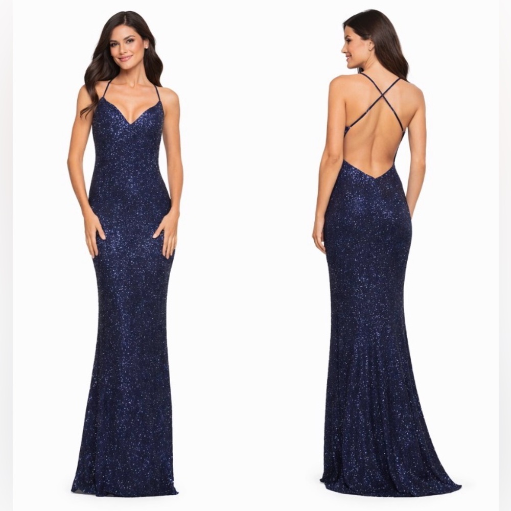 La Femme 30523 Evening Dress 2 Navy Blue Sequin Formal Prom Wedding Guest NEW